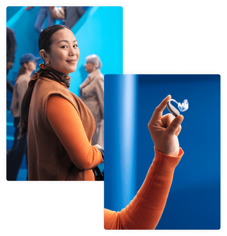 A young woman wearing Beltone Boost Max S hearing aids at a busy station. She is looking comfortably into the camera without being distracted by surrounding sounds as the Clear Focus feature allows her to focus on what is being said in front of her.